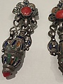 Earring, One of a Pair, Silver sheet, filigree, enamel, coral and imitation coral